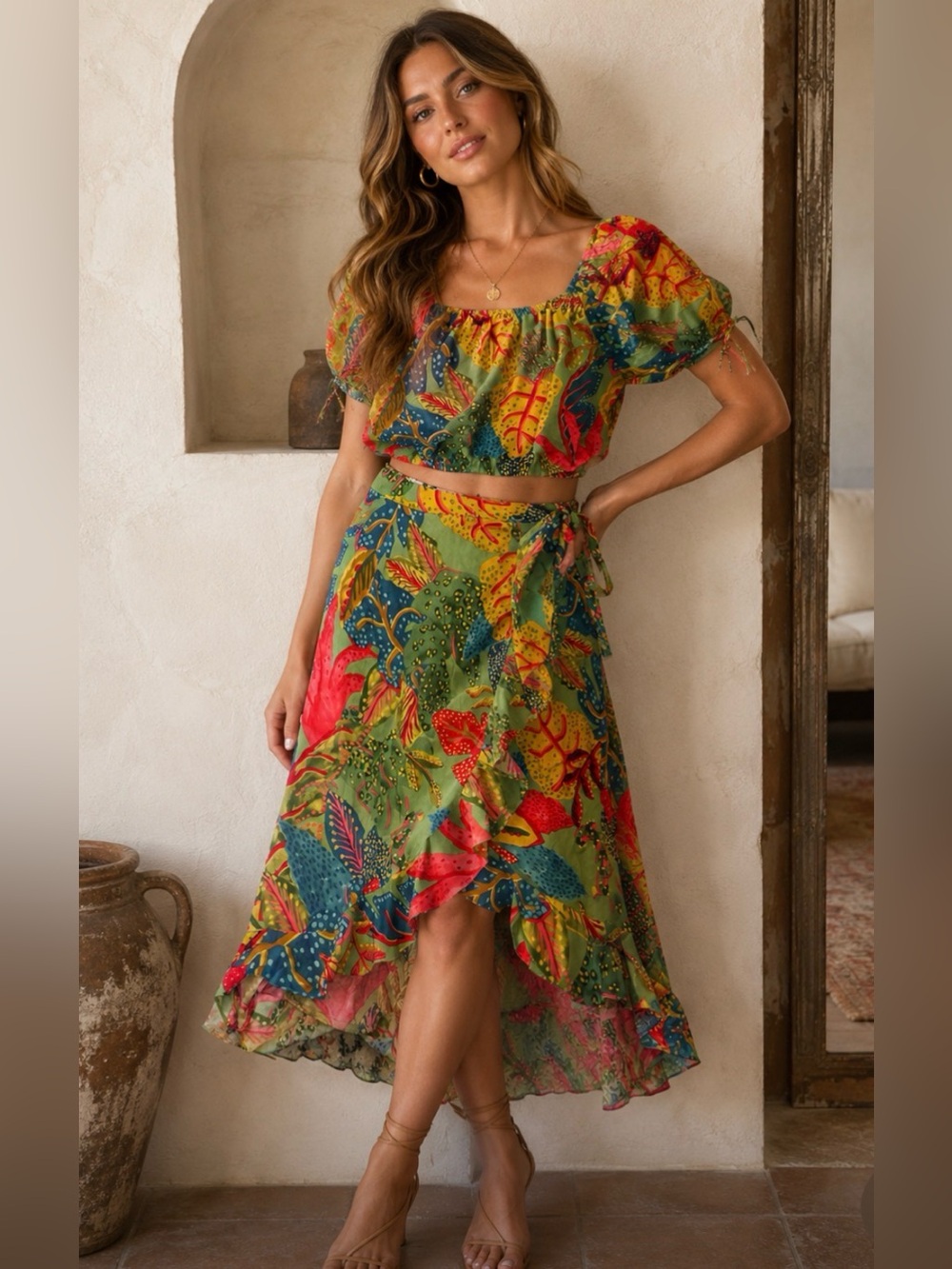 Christian Siriano Multi Tropical High-Low Skirt and Matching Crop Top. Size M